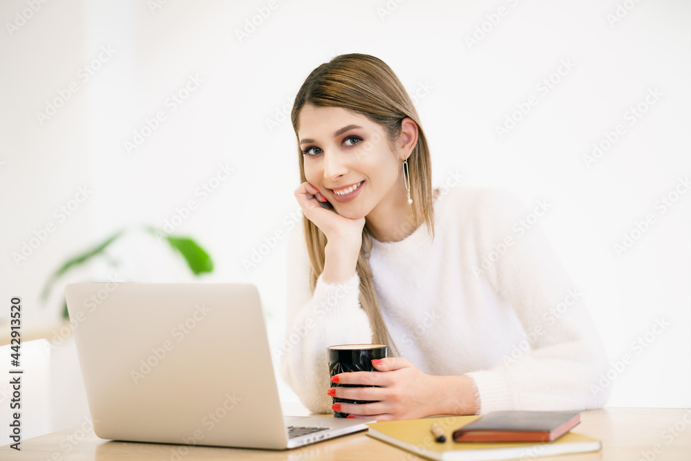 Beautiful young woman in casual clothing using laptop and smiling while working indoors Beautiful young woman in casual clothing using laptop and smiling while working indoors
