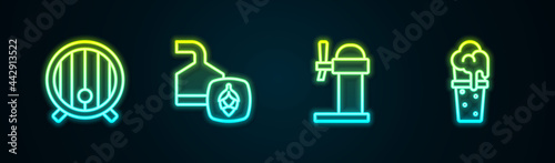 Set line Wooden barrel, Beer brewing process, Dispenser beer and Glass of. Glowing neon icon. Vector