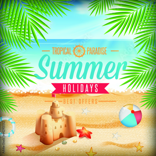 Hello, summer vector background design. Hello summer greeting text in seashore background with beach elements like beach ball, umbrella, sunblock, bag and luggage for summer vac photo