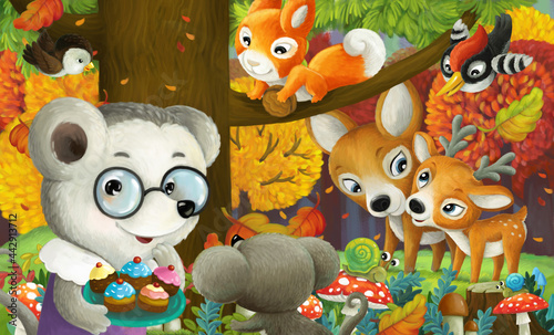 cartoon scene forest animals friends together