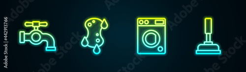Set line Water tap, Sponge, Washer and Rubber plunger. Glowing neon icon. Vector