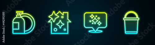 Set line Dishwashing liquid bottle, Home cleaning service, and Bucket. Glowing neon icon. Vector