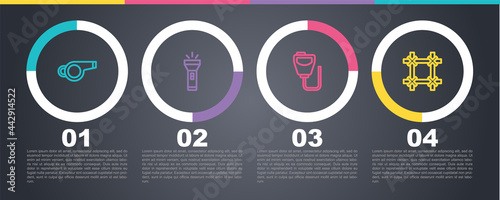 Set line Whistle, Flashlight, Walkie talkie and Prison window. Business infographic template. Vector