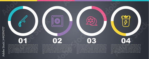 Set line Police rubber baton, Safe, Hexagram sheriff and electric shocker. Business infographic template. Vector