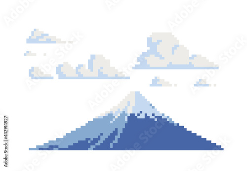 Mount Fuji landscape. Fujiyama mountain and clouds pixel art icon. 8-bit. Isolated vector illustration. 