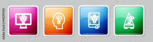 Set line Psychologist online, Head with question mark, Psychology book, Psi and Metronome pendulum. Colorful square button. Vector