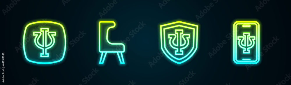 Set line Psychology, Psi, Armchair, and Psychologist online. Glowing neon icon. Vector Set line Psychology, Psi, Armchair, and Psychologist online. Glowing neon icon. Vector