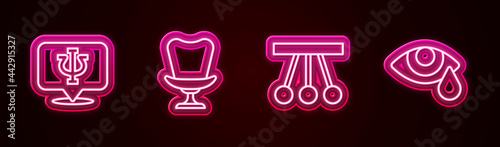 Set line Psychology, Psi, Armchair, Pendulum and Tear cry eye. Glowing neon icon. Vector