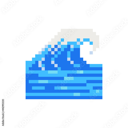 Waves pixel art icon. Water wave symbol logo template, weather sign, isolated vector illustration. Design for web site, app, sticker.
