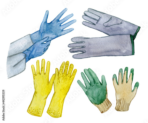 Different gloves on white drawn watercolor set
