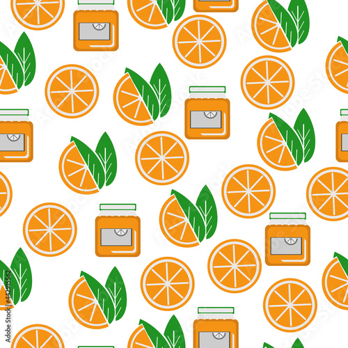 Seamless pattern of slices of oranges and jars of jam, juicy citrus fruits on a white background