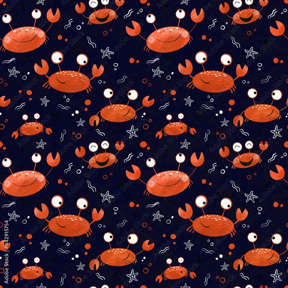 Seamless pattern with orange crabs and other elements on a dark background. Cartoon style illustration. Design for clothing fabric and other items. Seamless pattern with orange crabs and other elements on a dark background. Cartoon style illustration. Design for clothing fabric and other items.