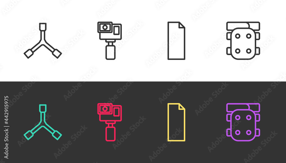 Set line Skateboard Y-tool, Action camera, Grip tape skateboard and Knee pads on black and white. Vector Set line Skateboard Y-tool, Action camera, Grip tape skateboard and Knee pads on black and white. Vector