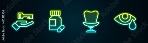 Set line Solution to the problem, Sedative pills, Armchair and Tear cry eye. Glowing neon icon. Vector