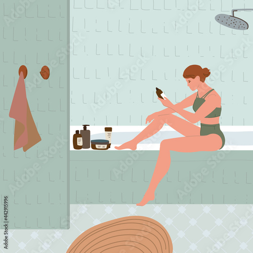 Young beautiful woman in the bathroom chooses a care product. Vector illustration with character in flat style