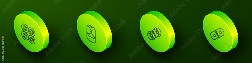 Set Isometric line Skateboard wheel, Baseball cap, Broken skateboard and deck icon. Vector Set Isometric line Skateboard wheel, Baseball cap, Broken skateboard and deck icon. Vector
