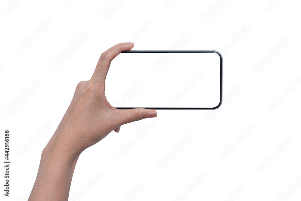 Woman hand holding blank screen mobile phone in horizontal composition isolated on white background Woman hand holding blank screen mobile phone in horizontal composition isolated on white background