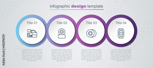 Set line Cinema camera, Skateboard wheel, and Knee pads. Business infographic template. Vector