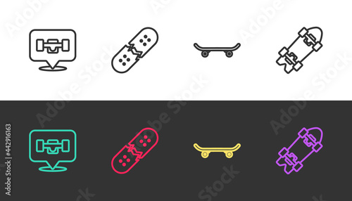 Set line Skateboard wheel, Broken skateboard deck, and Longboard or on black and white. Vector