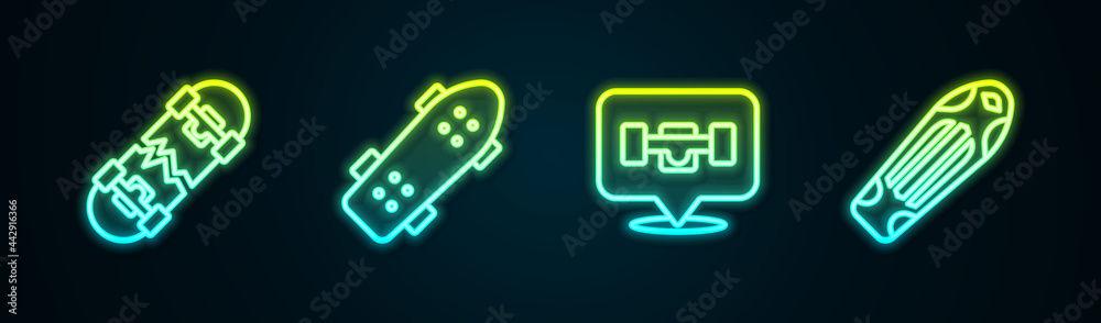 Set line Broken skateboard, Skateboard, wheel and deck. Glowing neon icon. Vector