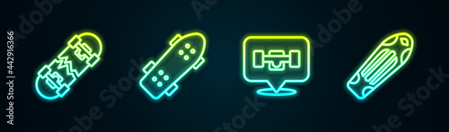 Set line Broken skateboard, Skateboard, wheel and deck. Glowing neon icon. Vector