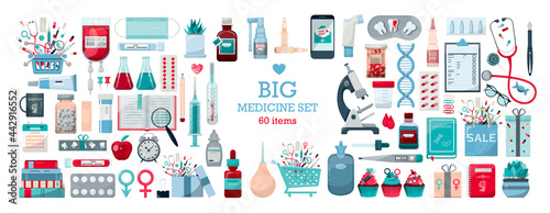 Big vector medical set. Medicine cartoon pill, drug, table, antibiotics, medication dose flat icons. First aid. International health protection, insurance.Medicine and surgery.Vaccination, online