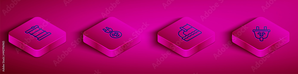 Set Isometric line Radioactive waste in barrel, Radiation electrical plug, Wastewater and icon. Vector