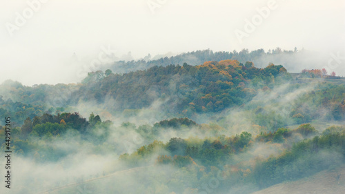 Fog and clouds rising from an autumn forest