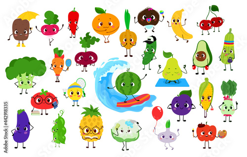Cute , funny Vegetables and fruits, vector broccoli, squash and avocado, cauliflower and beetroot. Eggplant, chili pepper and pumpkin, corn, carrot and tomato with cucumber, garlic and radish cartoon 