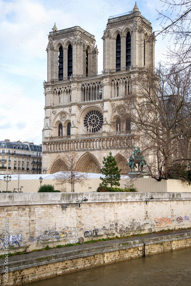 View on Notre-Dame de Paris cathedral from Seine embankment
