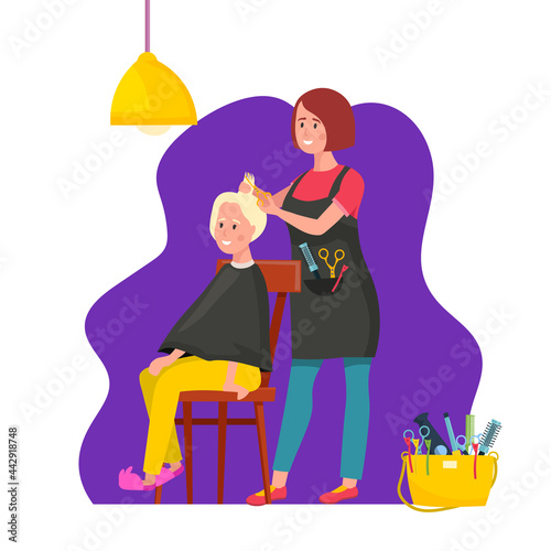 Hairdresser during the work. Isolated editable vector illustration