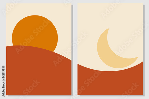 sun and moon wall art set, minimalistic modern design, Moon Day and Night Print Gallery Wall Set Wall Art Mountains Scenery Modern Home Décor simple, burnt orange  photo