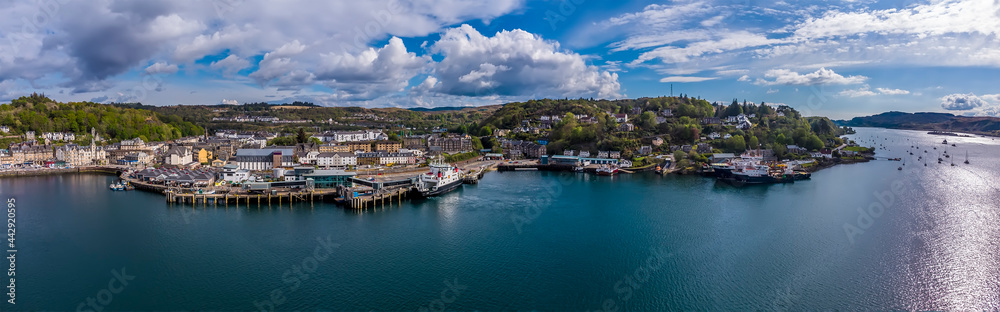 A panorama aerial view across the port in the town of Oban, Scotland on a summers day