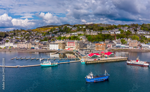 A panorama aerial view across the marina in the town of Oban, Scotland on a summers day