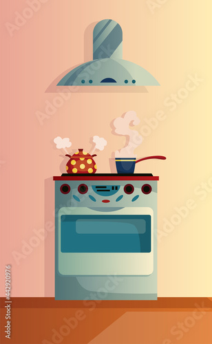 Kitchen interior cartoon vector illustration. Home cooking room with hob and extractor. Appliances for home