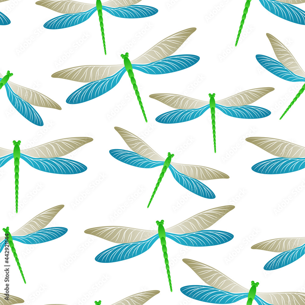 Dragonfly cartoon seamless pattern. Summer dress textile print with flying adder insects. Graphic