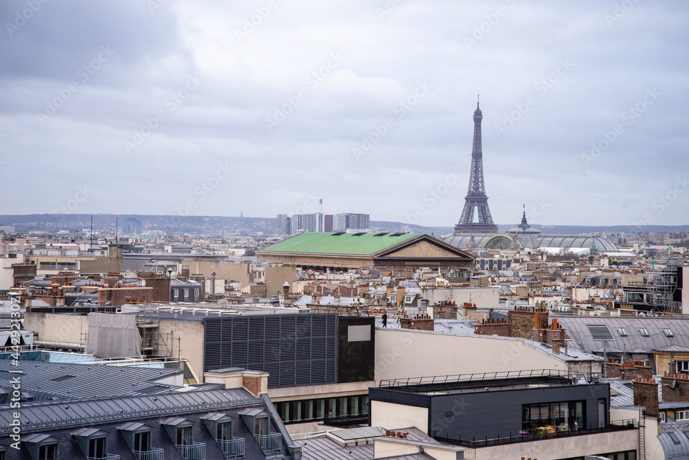View of the Eiffel Tower towering over the city roofs against a cloudy sky