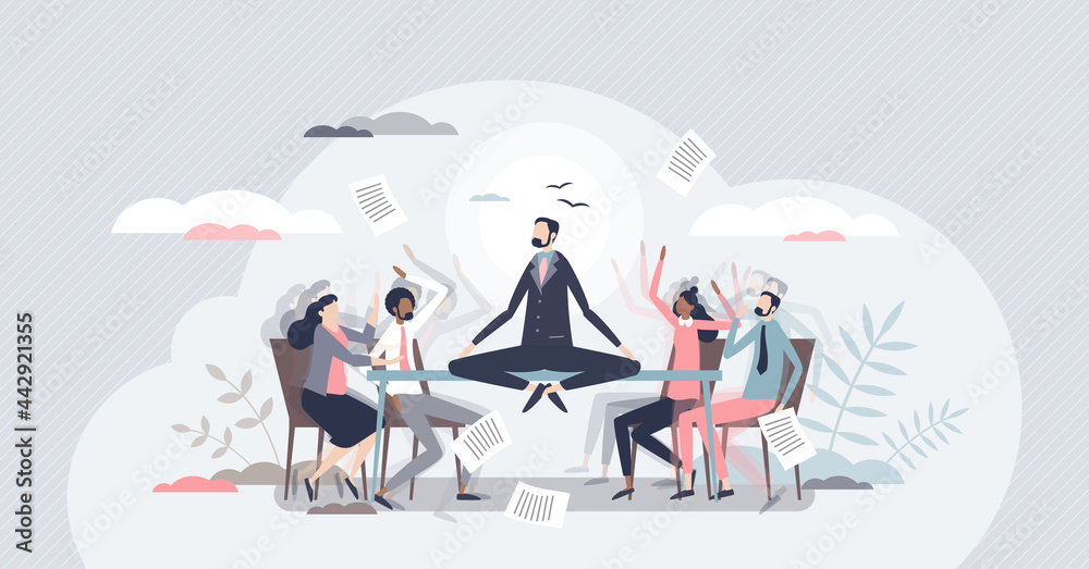 Conflict management and make compromise and mediation tiny person concept. Fighting, arguing and confrontation in workplace between opponents vector illustration. Calm communication despite discussion - obrazy, fototapety, plakaty 