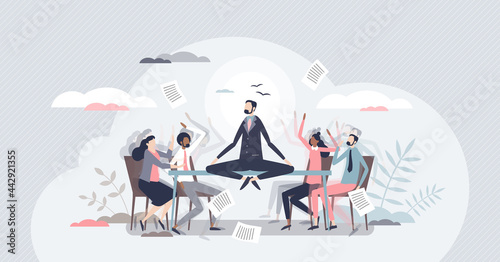 Conflict management and make compromise and mediation tiny person concept. Fighting, arguing and confrontation in workplace between opponents vector illustration. Calm communication despite discussion photo