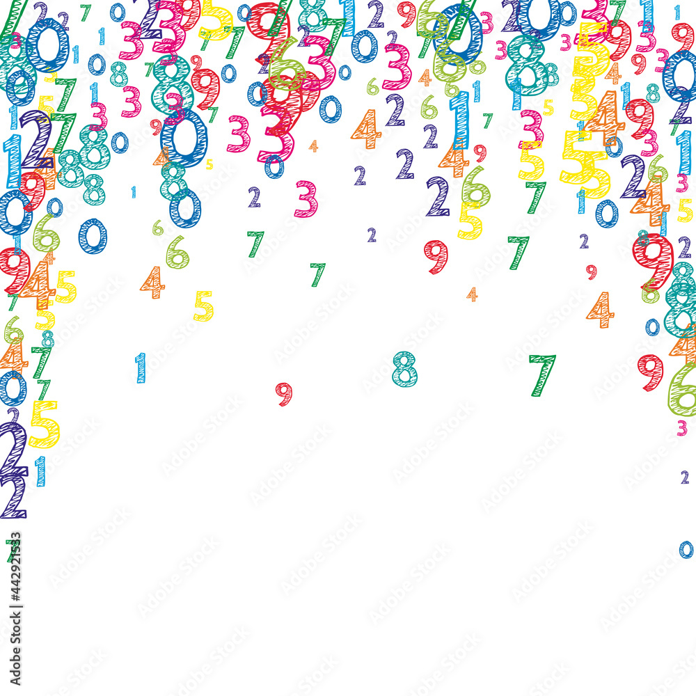 Falling colorful orderly numbers. Math study concept with flying digits. Delicate back to school mathematics banner on white background. Falling numbers vector illustration.