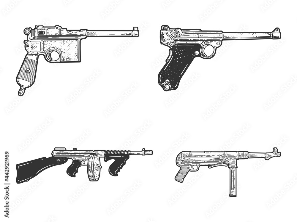 Weapons pistols and submachine guns historical set line art sketch ...