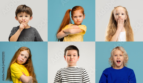 Art collage made of portraits of little and happy kids isolated on multicolored studio background. Human emotions, facial expression concept