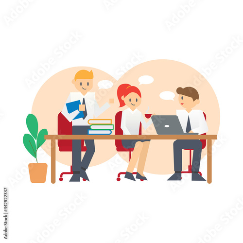 Business meeting, teamwork planing discussing project together in office flat vector