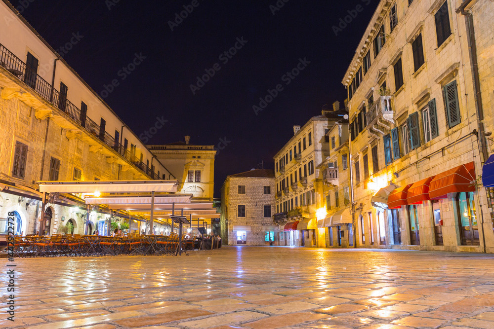 Square in the Old Town of Kotor at night. Montenegro 