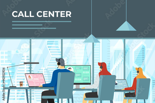 Call centre hotline operators in office. Helpline service workers with headsets at work. Online customer support department staff, telemarketing, consultation and assistance center team illustration
