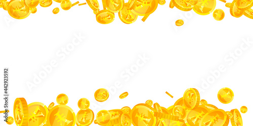 Chinese yuan coins falling. Favorable scattered CNY coins. China money. Exotic jackpot, wealth or success concept. Vector illustration.
