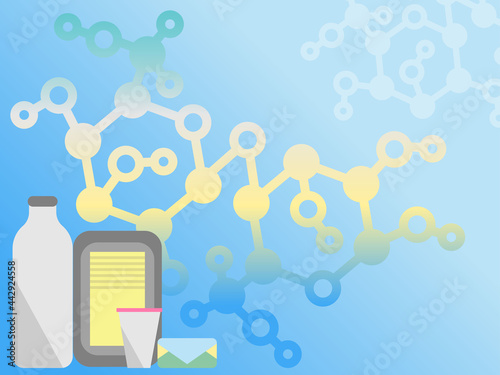 Lactose intolerance, tolerance vector illustration. Diary products with lactose molecule. Cheese, milk bottle, butter, yoghurt in front of lactose particule. web background design