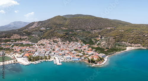 Fototapeta Naklejka Na Ścianę i Meble -  Aerial, drone view of Ancient Epidaurus town beach and port at Peloponnese, Greece.