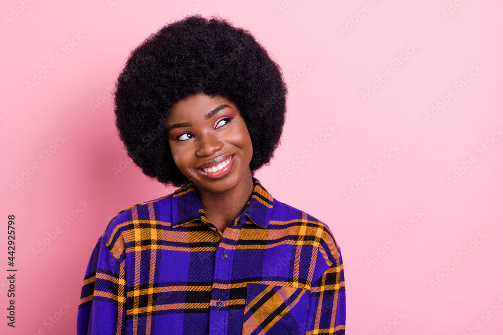 Portrait of attractive cheerful curious girl wearing checked shirt creating solution copy space isolated over pink pastel color background Portrait of attractive cheerful curious girl wearing checked shirt creating solution copy space isolated over pink pastel color background