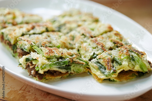 meat topping and Green Onion Pancake